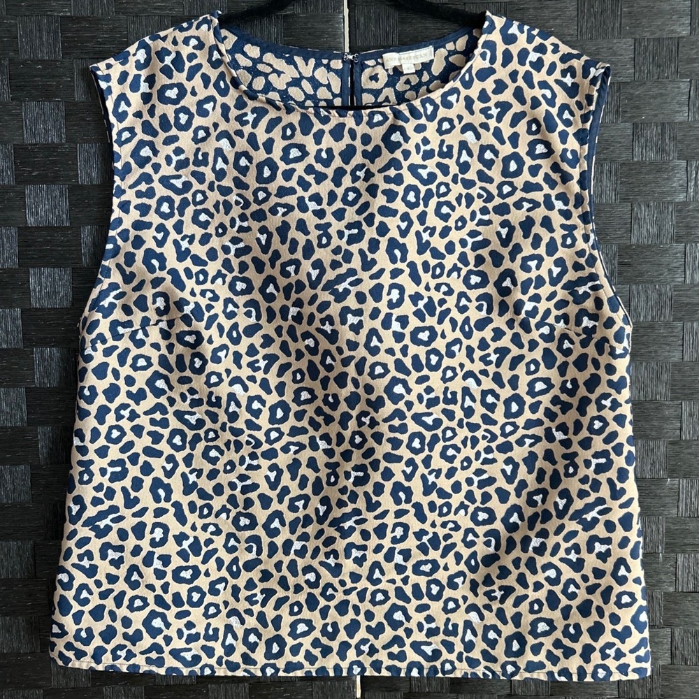 Ann Mashburn Navy Tan Leopard Metallic Silver Sleeveless Shell Blouse Top Large